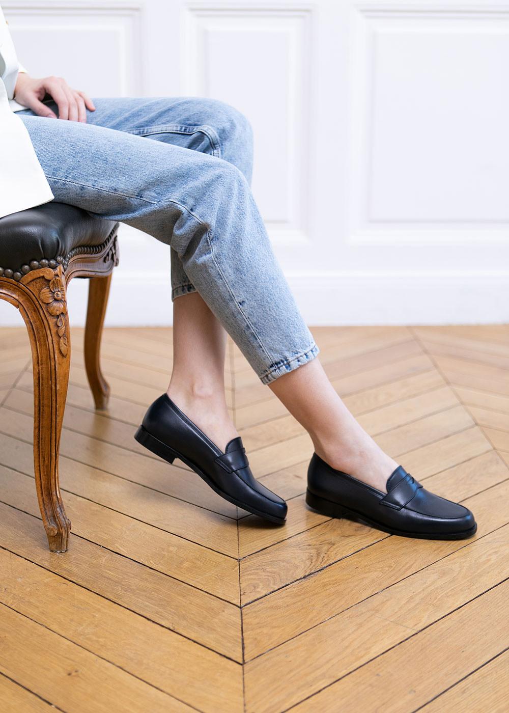 Mocassins Plats Femme En Cuir Marine Sans Lacets - Taille 38.5 EU / 8 US - Tout Noir - Style Oxford Casual